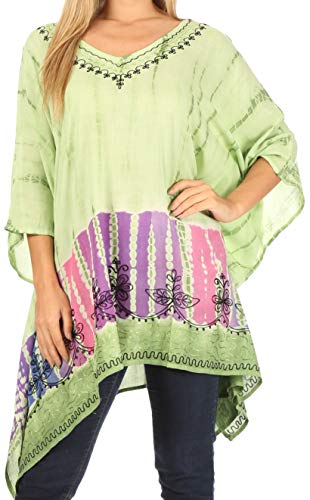 Sakkas K2022New - Eliana Weit Long Tall gestickte Abbindebatik Ombre Batik Poncho Spitzenbluse - Grün - OS von Sakkas