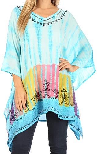 Sakkas K2022New - Eliana Weit Long Tall gestickte Abbindebatik Ombre Batik Poncho Spitzenbluse - Türkis - OS von Sakkas