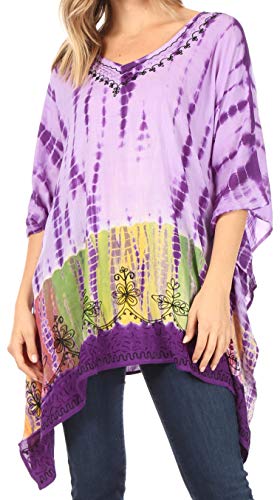 Sakkas K2022New - Eliana Weit Long Tall gestickte Abbindebatik Ombre Batik Poncho Top Bluse - Violett - OS von Sakkas