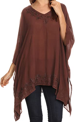Sakkas K2022S - Wren Leichte Kreis Poncho Spitzenbluse mit detaillierten Stickerei - Brown - O von Sakkas