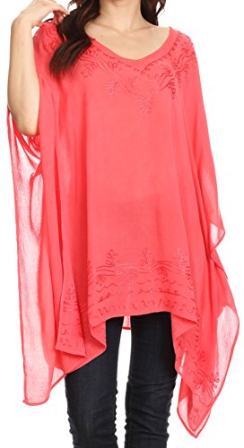 Sakkas K2022S - Wren Leichte Kreis Poncho Spitzenbluse mit detaillierten Stickerei - Coral - OS von Sakkas