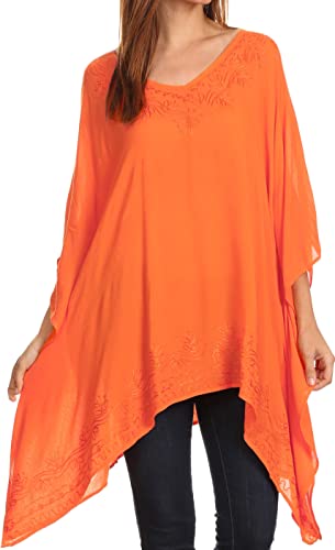 Sakkas K2022S - Wren Leichte Kreis Poncho Spitzenbluse mit detaillierten Stickerei - Orange - O von Sakkas