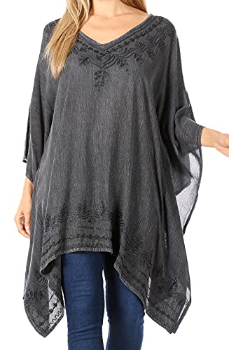 Sakkas K2022S - Wren Lightweight Circle Poncho Top Bluse mit detaillierter Stickerei - 1-Black - OS von Sakkas