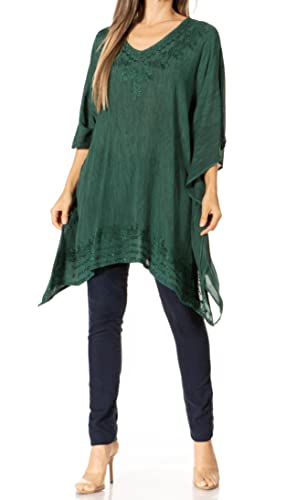 Sakkas K2022S - Wren Lightweight Circle Poncho Top Bluse mit detaillierter Stickerei - A-ForestGreen - OS von Sakkas