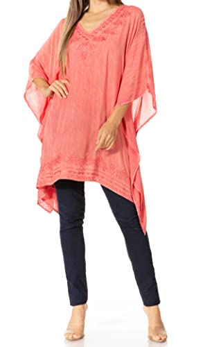 Sakkas K2022S - Wren Lightweight Circle Poncho Top Bluse mit detaillierter Stickerei - A-Salmon - OS von Sakkas