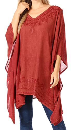 Sakkas K2022S - Wren Lightweight Circle Poncho Top Bluse mit detaillierter Stickerei - Rot - OS von Sakkas