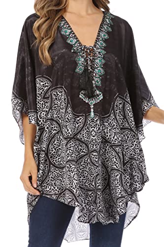 Sakkas KF60017AT - Ballon Top Tallulah Breiten Kreis Bluse Poncho-Oberteil mit Riegel-Ansatz-Gehäuse mit Perlen - Schwarz/Multi - OS von Sakkas