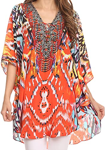 Sakkas KF60025BT Weit Kreis Bluse Poncho-Oberteil mit Riegel-Ansatz Enclosure Ballon Top Tallulah mit Perlen - - Sunset Orange/Multi - OS von Sakkas