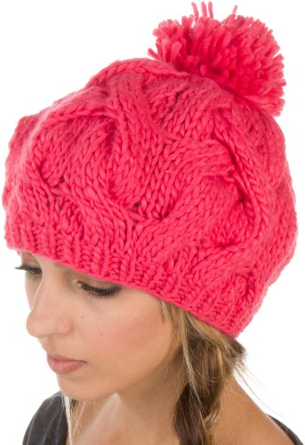 Sakkas Kabel Gestrickt mit Pom Pom dick Schlapp Mode Beanie Winter Hut-Coral/One Size von Sakkas