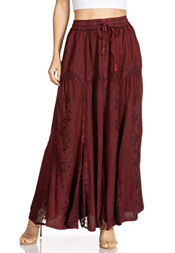 Sakkas Olivia Damen Maxi böhmischen Zigeuner Langen Rock mit elastischer Taille und Spitze - Burgandy - OS von Sakkas