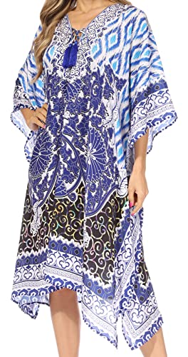 Sakkas P2 - Kristy Long Tall Leichtes Kaftan Kleid/Cover mit V-Neck Juwelen - 17131-BlackWhiteBlue - OS von Sakkas