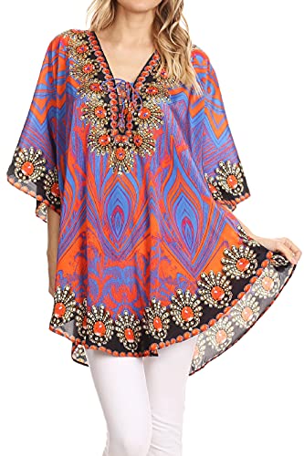 Sakkas P22 - Ballon Top Tallulah Breiten Kreis Bluse Poncho-Oberteil mit Riegel-Ansatz-Gehäuse mit Perle - 1705-Blau/Orange - OS von Sakkas