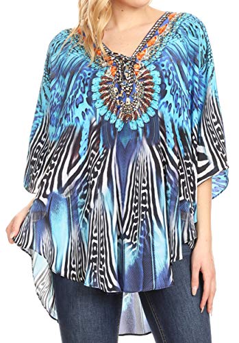 Sakkas P22 - Ballon Top Tallulah Wide Circle Bluse Poncho Top mit Krawatte Hals Gehäuse mit Bead - ZB55-Blue - OS von Sakkas