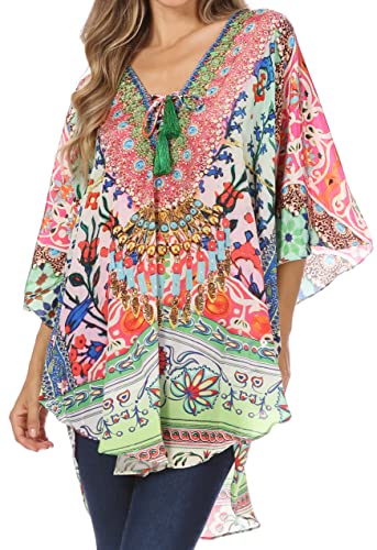 Sakkas P22 - Balloon Top Tallulah Wide Circle Bluse Poncho Top mit Bindekragen mit Perle - TM208-Multi - OS von Sakkas