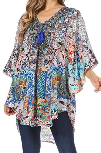 Sakkas P22 - Balloon Top Tallulah Wide Circle Bluse Poncho Top mit Bindekragen und Perle - 464 - OS von Sakkas