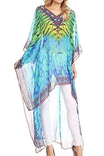 Sakkas P23 - HiLowKaftan Zeke Hallo tiefem V-Ausschnitt Kaftan Kleid Boxy Printed Top Cover/Up - 1719-Türkis/Gelb -OS von Sakkas