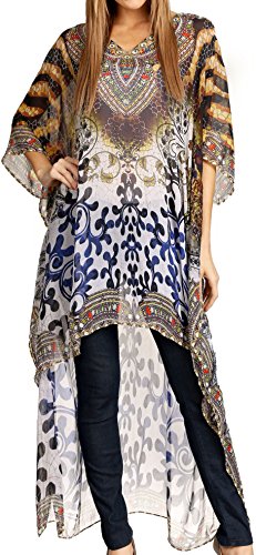 Sakkas P23 - HiLowKaftan Zeke Hallo tiefem V-Ausschnitt Kaftan Kleid Boxy Printed Top Cover/Up - 1724-Blau/Brown -OS von Sakkas