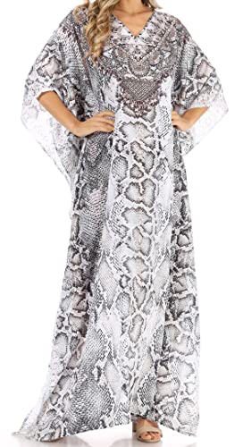 Sakkas P39 - Anahi Flowy Design Langes Kaftan-Kleid mit V-Ausschnitt/Strass mit Strass - SW273-Weiß - OS von Sakkas