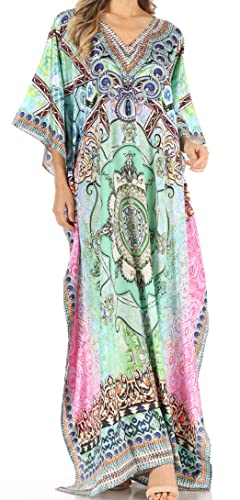 Sakkas P39 - Anahi Flowy Design Langes Kaftan-Kleid mit V-Ausschnitt/Strass mit Strass - WM202-Multi - OS von Sakkas