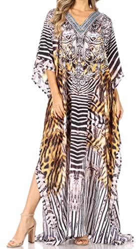 Sakkas P39 - Anahi Flowy Design Langes Kaftan-Kleid mit V-Ausschnitt/Strass mit Strass - ZBK249-Schwarz - OS von Sakkas