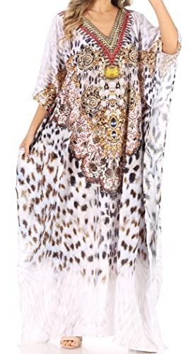 Sakkas P39 - Anahi Flowy Design Langes Kaftan-Kleid mit V-Ausschnitt/Überzug mit Strass - EW284-Weiß - OS von Sakkas