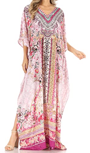 Sakkas P39 - Anahi Flowy Design Langes Kaftan-Kleid mit V-Ausschnitt/Überzug mit Strass - ORPI264-Pink - OS von Sakkas