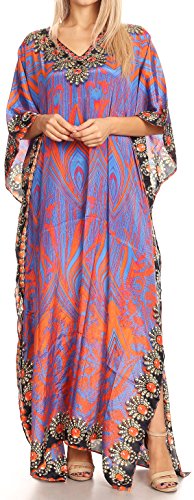 Sakkas P39 - Anahi Flowy Design V Neck Langes Kaftan Kleid/Cover Mit Rhinestone - 17168-Lila/Orange - OS von Sakkas