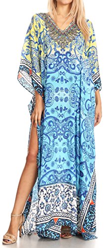 Sakkas P39 - Anahi Flowy Design V Neck Langes Kaftan Kleid/Cover Mit Rhinestone - 17184-Gelb/Blau - OS von Sakkas