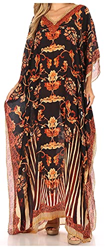 Sakkas P39 - Anahi Flowy Design V Neck Langes Kaftan Kleid/Cover Mit Rhinestone - 17188-Schwarz/Braun - OS von Sakkas