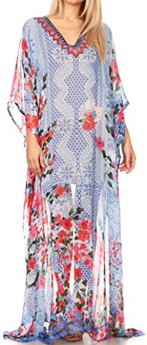 Sakkas P4 - LongKaftan Wilder Gedrucktes Design Langes halb scharfes Kaftan Kleid/Cover Up - 17160-RedBlue - OS von Sakkas