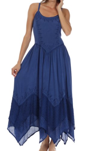 Sakkas Rayon Langes Kleid mit besticktem Stonewashed-Effekt und verstellbaren Spaghetti-Trägern - Navy - S/M von Sakkas