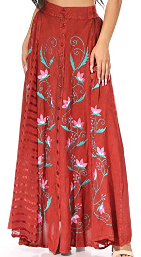 Sakkas SK-21222 - Sarita Damen Casual Boho Maxi Floral Langer Elastischer Taillenrock Schlank - Burgund - OS von Sakkas