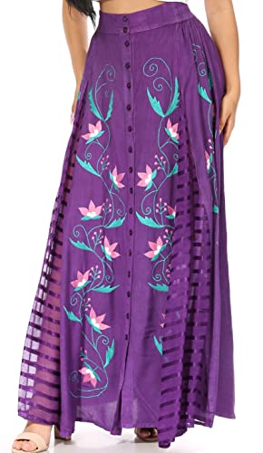 Sakkas SK-21222 - Sarita Damen Casual Boho Maxi Floral Langer Rock mit elastischer Taille Slim - Lila - OS von Sakkas