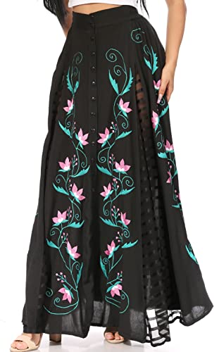 Sakkas SK-21222 - Sarita Damen Casual Boho Maxi Floral Langer Rock mit elastischer Taille Slim - Schwarz - OS von Sakkas