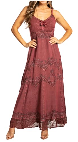 Sakkas Stonewashed Langes Kleid aus Viskose mit bestickten, verstellbaren Spaghettiträgern - Mauve - L/XL von Sakkas