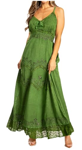 Sakkas Stonewashed Rayon Besticktes langes Kleid mit verstellbaren Spaghettiträgern - Grün - L/XL von Sakkas