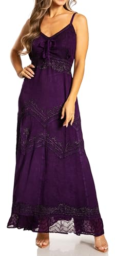 Sakkas Stonewashed Rayon Besticktes langes Kleid mit verstellbaren Spaghettiträgern - Lila - 1X/2X von Sakkas