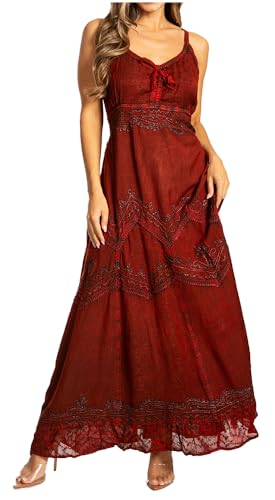 Sakkas Stonewashed Rayon Besticktes langes Kleid mit verstellbaren Spaghettiträgern - Rot - S/M von Sakkas