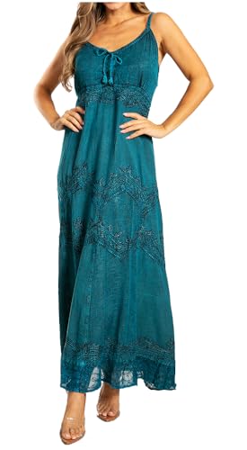 Sakkas Stonewashed Rayon Besticktes langes Kleid mit verstellbaren Spaghettiträgern - Stahlblau - 1X/2X von Sakkas