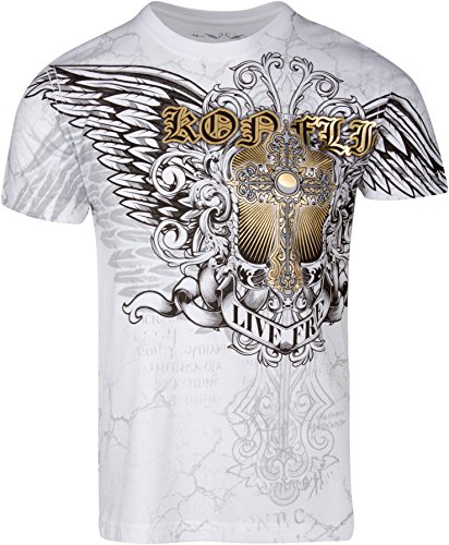 Sakkas T807 - Mads Herren Gold Cross & Wings Metallic geprägtes T-Shirt Kurzarm Baumwolle - Weiß - 2XL von Sakkas