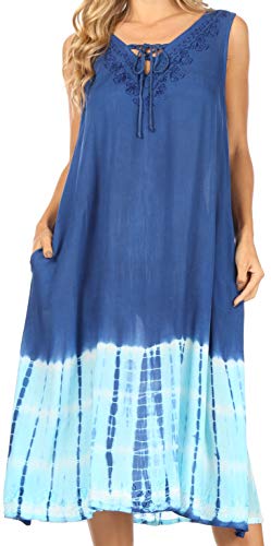 Sakkas TD42 - Ilaria Damen Midi ärmellose Casual Loose Flare Print Kleid Kaftan Tasche - TD42-802-BlueTurq - OS von Sakkas