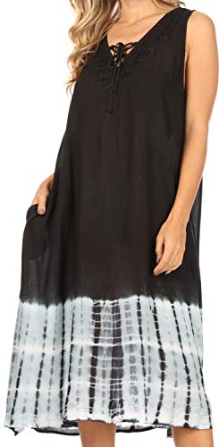 Sakkas TD42 - Ilaria Damen Midi ärmelloses Casual Loose Flare Print Kleid Kaftan Tasche - TD42-802-BlackGrey - OS von Sakkas