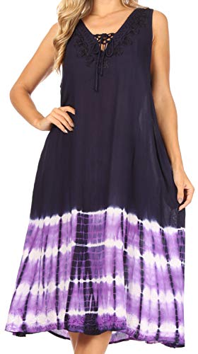 Sakkas TD42 - Ilaria Damen Midi ärmelloses Casual Loose Flare Print Kleid Kaftan Tasche - TD42-802-NavyPurple - OS von Sakkas