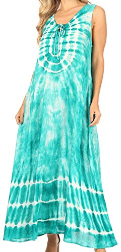 Sakkas TD52 - Leonor Damen Maxi ärmelloses Tank Long Print Kleid mit Taschen und Krawatten - TD52-811-SeaGreen - OS von Sakkas