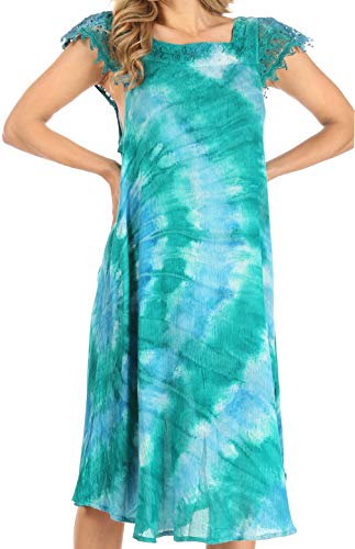 Sakkas TDS42-871 - Trila Damen Casual Sommer Spitze Boho Kurzarm Midi Loose Kleid Flowy - Bluegreen - OS von Sakkas
