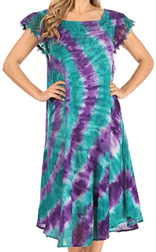 Sakkas TDS42-871 - Trila Damen Casual Sommer Spitze Boho Kurzarm Midi Loose Kleid Flowy - GreenPurple - OSP von Sakkas