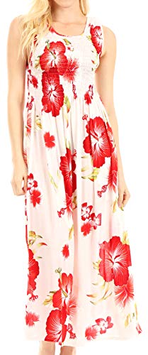Sakkas TH2095 - Iyabo Damen ärmelloses lässiges Sommerkleid mit Blumendruck Maxi Lang Stretch - W-Rot - OS von Sakkas