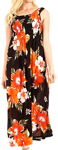 Sakkas TH2095 - Iyabo Damen ärmelloses lässiges Sommerkleid mit Blumendruck Maxi Long Stretch - B-Orange - OS von Sakkas