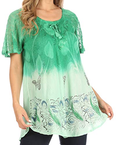 Sakkas TS-2209 - Petra Damen Casual Loose Flared Korsett Kurzarm Spitze Bluse Top Tunika - 2202-SeaGreen - OS Sakkas TS-2209 - Petra Damen Casual Loose Flared Korsett Kurzarm Spitze Bluse Top Tunika - 2202-SeaGreen - OS von Sakkas
