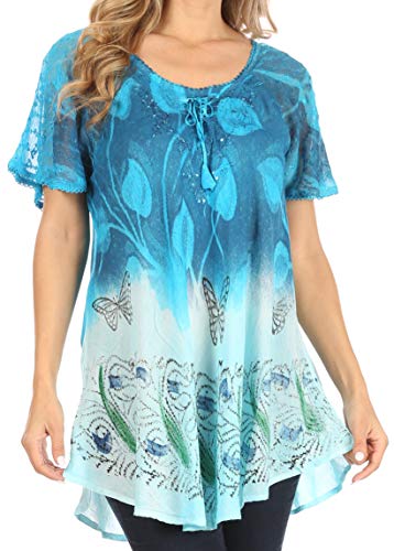 Sakkas TS-2209 - Petra Damen Casual Loose Flared Korsett Kurzarm Spitze Bluse Top Tunika - 2202-Turq - OS Sakkas TS-2209 - Petra Damen Casual Loose Flared Korsett Kurzarm Spitze Bluse Top Tunika - 2202-Turq - OS von Sakkas
